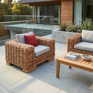 Natural Rattan Woven Outdoor Armchair Grey Cushion Red <b>Throw</b> Pillow Single Lounge <b>Chair</b> Setup Decor Pure Art Design - Product Image 5