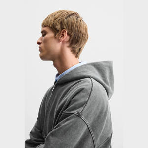 Sweat-shirt unisexe à capuche entièrement zippé, délavé à l'acide, couleur unie, mélange de coton, style streetwear décontracté basique, vente en gros, fournisseur OEM - Product Image 3