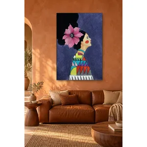 Fida, femme avec une fleur rose en profil sur fond bleu marine, impression sur toile - Product Image 4