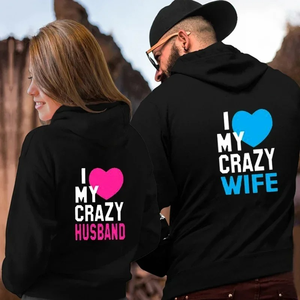 Drop shoulder Mujeres Hombres Amantes Sudadera Amantes Parejas I LOVE MY CRAZY HUSBAND I LOVE MY CRAZY WIFE Pareja Sudaderas con capucha Chritsmas - Product Image 4