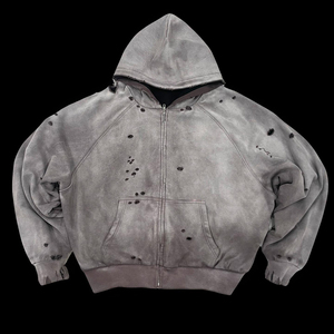 Acid Wash Drop Shoulder Hoodie para hombres Oversized Fit apliques bordados desgastados Zip up French Terry 480gsm Sudadera con capucha personalizada - Product Image 6