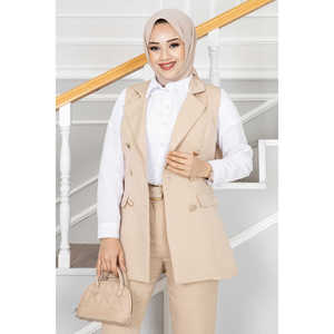 Conjunto de chaleco hijab con detalle de cuello de pañuelo color crema estilo oficinista - Product Image 2