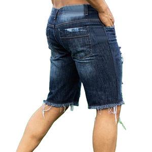 Shorts en jean pour hommes, couleur personnalisée, taille haute, respirant, coupe slim décontractée, effet usé, ourlet brut effiloché - Product Image 5