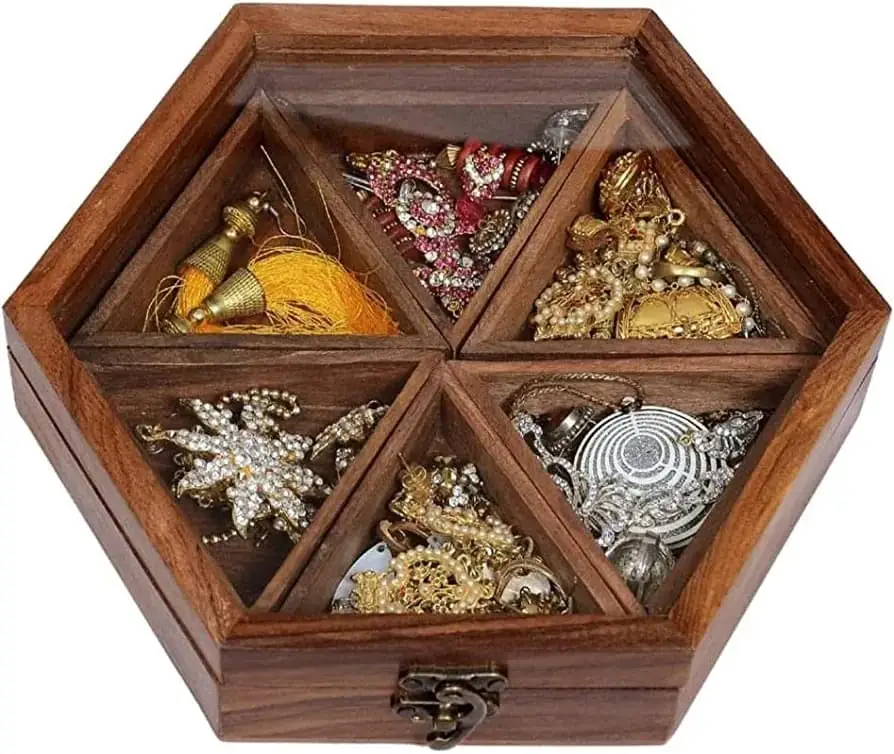 Caja cuadrada de madera hecha a mano con tapa de vidrio Caja de especias de madera Masala Caja de almacenamiento de madera Fruta seca de madera