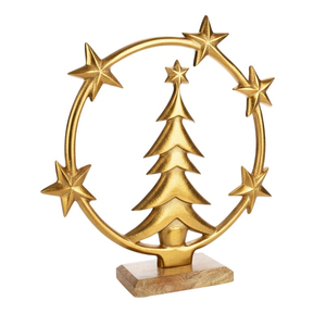 Escultura Moderna de Árbol de Navidad de Metal Dorado con Base de Madera, Elegante Adorno Decorativo de Hierro y Madera para Mesa de Interior - Product Image 2
