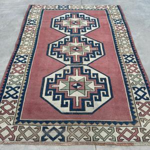 Turkish Vintage Rug 4.3x5.9 ft (131x180 cm), <b>Red</b> Bordered <b>Wool</b> Rug - Product Image 1