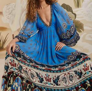 Bohemian V-Neck Chiffon Maxi <b>Dress</b> with Lantern Sleeves Ruffles Floral Print Floor-Length <b>Loose</b> Fit Summer for Women - Product Image 3