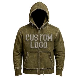 Personalizado Unisex Desgastado Vintage Lavado Cremallera Dobladillo deshilachado Streetwear Chaqueta con capucha rasgada de gran tamaño - Product Image 6