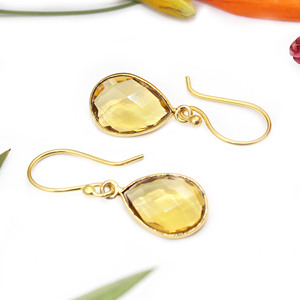 เครื่องประดับแฟชั่นตรวจสอบตัดซิทรินควอตซ์ทรงหยดน้ำสีทอง24K ตุ้มหูทองเหลืองสำหรับผู้หญิงเด็กผู้หญิง - Product Image 2