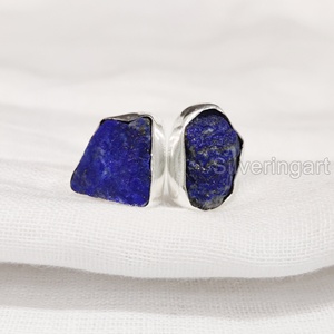 Bague pour femme en pierre brute, Lapis Lazuli naturel, double pierre, ajustable, en argent sterling 925, pour Noël - Product Image 1