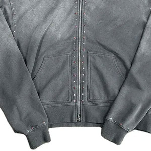 Streetwear Vintage Impresión Distressed Acid Wash Rhinestone Hoodies Color gris Cremallera Sudadera con capucha para hombres y mujeres - Product Image 5
