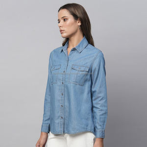 Nardon Apparel 100% camisas de mezclilla de algodón 2025 blusas de diseñador de verano para mujer camisa de mezclilla azul claro sólido informal - Product Image 5