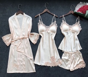 Ensemble de pyjamas en satin pour femmes, taille élastique, avec détail nœud, idéal pour l'été, l'automne et le printemps – Grande Vente - Product Image 1