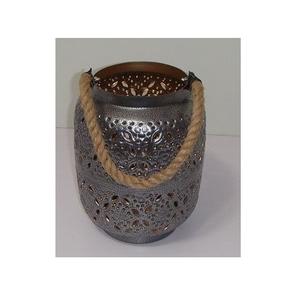 Farol Metálico Bohemio Plateado Antiguo - Portavelas Perforado Vintage con Asa de Cuerda Natural y Patrón Floral, Lámpara Decorativa - Product Image 1