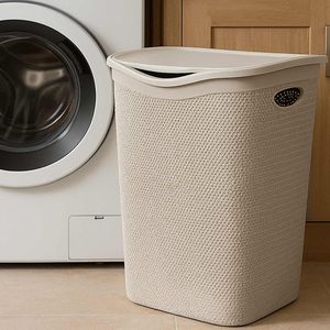 Cesto per biancheria in plastica effetto Rattan con coperchio struttura intrecciata 39.5x37x54 cm per la conservazione dei vestiti sporchi - Product Image 3