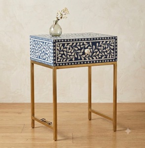 Candid Manufacturing Co Handmade Eco-Friendly Bone Side Table Floral Pattern Blue White Painted Drawer Gold Metal Legs Rectangle - Product Image 1