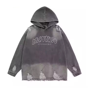 เสื้อฮู้ดผู้ชายผ้าฝ้าย 100% สำหรับฤดูหนาว ทรงปกติ สวมใส่สบาย อุ่น ทนทาน ล้างสีแบบแอซิดวอช พิมพ์ลายขาดๆ แบบดิสเทรส ผ้าฟลีซ - Product Image 1