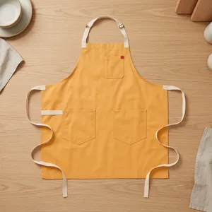 Simple Canvas Bib <b>Apron</b> Yellow Sleeveless Heavy Duty Reusable with Pockets Machine Washable for Cooking Daily Use - Product Image 1
