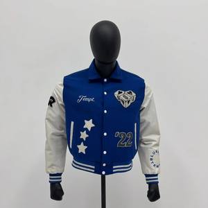 Chaquetas Universitarias de Lana Azul y Blanca, Chaqueta Universitaria Personalizada Estilo Varsity para Hombre, Chaqueta Letterman al por Mayor con Mangas de Cuero - Product Image 1