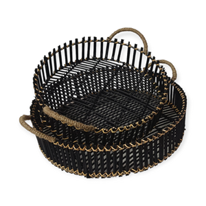 <b>Round</b> Trendy Black Display Serving <b>Wicker</b> Metal Tray with Handle Rattan Hand-woven Factory Price Tabletop Eco-friendly Household - Product Image 5