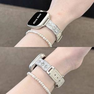 Correa de <span class=keywords><strong>Reloj</strong></span> de Cuero y Metal con Pedrería para <span class=keywords><strong>Apple</strong></span> Watch Series 11 10, Correa de <span class=keywords><strong>Reloj</strong></span> de Lujo con Pedrería para Mujer - Product Image 6