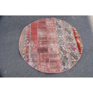 Alfombra turca Vintage roja de 4,2x4,2 pies, área grande, respaldo de látex de lana, patrón de retazos, comedor, alfombra ovalada ecológica mediana - Product Image 3