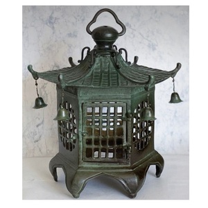 <b>Vintage</b> Black Pagoda <b>Lantern</b> Lamp With Hand Painted Gold Bird Floral Design And Hanging Bells Metal Decorative Tabletop <b>Lantern</b> - Product Image 4