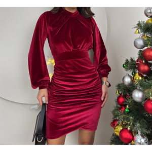 Robe fourreau en velours 1088 à col montant avec taille naturelle confortable - Product Image 5