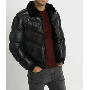 Latest Winter Coat Fur Plus Size Men Leather Jacket Puffer Leather <b>Black</b> Fur Collar Warm Bomber Real Leather Jacket for man - Product Image 5