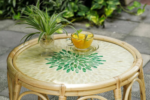 Mesa de centro de bambú natural Mesa de centro de mimbre redonda Mesa de mimbre natural vintage Mezcla de nácar - Product Image 3