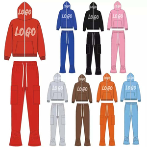 Chándal personalizado para hombre, de cara completa sudadera con cremallera, pantalones apilados, conjunto de 2 piezas, chándal con bolsillo de carga, chándal para correr para hombre - Product Image 3