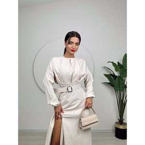 Vestido Largo Plisado con Cinturón y Silueta Ajustada, Cintura Natural, Modelo 1017 - Product Image 3