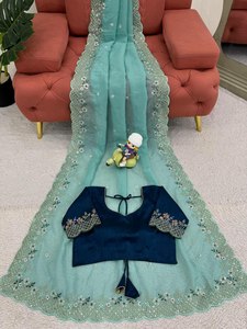 Best Selling Beautiful Party Wedding Wear Celebrity Inspirado Long Length Cut Border Work Fancy Saree para venta en línea - Product Image 3