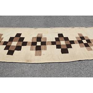 Tapis en laine beige et marron vintage de 3.5x10.5 pieds avec motif géométrique en patchwork pour chambre à coucher, dos en latex et largeur de 4m - Product Image 4