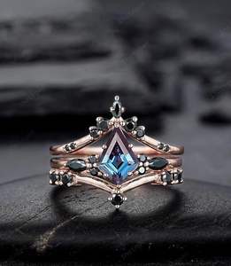 925 Sterling Silver Kite Cut Alexandrite V Shape Rose Gold Black Classic Third Party Certified Wedding Promise Engagement Ring - Product Image 2