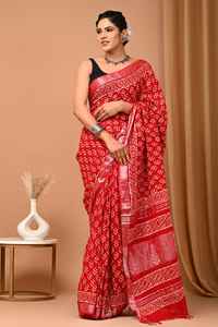 Sari en lin 100% coton tissé à la main slub éco-conscient avec chemisier imprimé bloc dessiné à la main pour adultes - Product Image 2