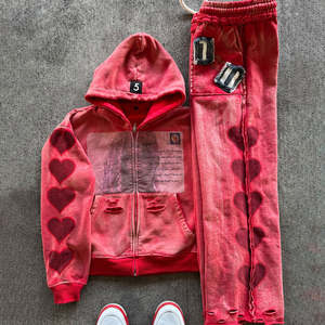 Sudadera con capucha estampada y pantalones de chándal Acampanados para hombre, chándal de invierno de algodón 100%, aspecto desteñido al sol, talla grande disponible - Product Image 2