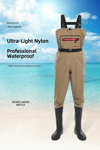 Senshuo Salopette de pêche en nylon kaki avec accent rouge, poche avant zippée, col à cordon de serrage et sangle de taille, pour la pêche en rivière et au bar - Product Image 4