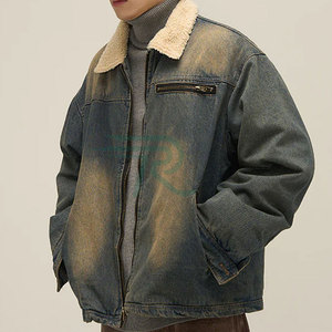Razorts International Men's <b>Denim</b> Jacket Medium Wash Cotton Polyester Casual Winter <b>Coat</b> With Shearling Collar - Product Image 2
