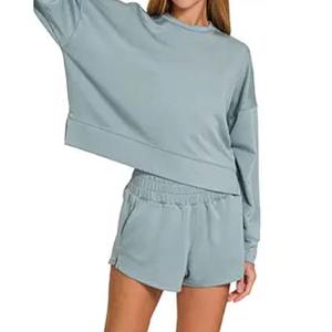 Conjunto de Sudadera y Pantalones Cortos de Punto Sólido por Encima de la Rodilla para Mujer, Suave, Informal, de Dos Piezas - Product Image 6