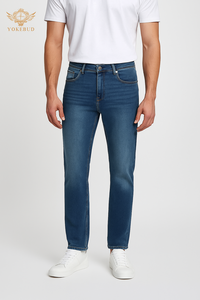 YOKEBUD Jeans de Mezclilla Elásticos de Corte Slim para Hombre, Cintura Media, Lavado Azul Clásico, Estilo Moderno, Ropa Casual Urbana, Personalizable OEM, Corte Recto - Product Image 2