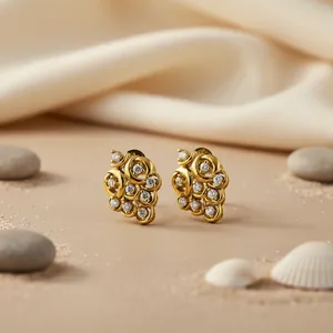 Boucles d'oreilles clous en diamant, plaqué or, design géométrique tendance, cadeau de mariage pour femme, fiançailles, avec zircon, or 14K/18K - Product Image 2