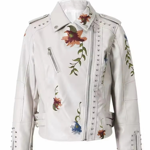 Automne hiver imprimé fleuri broderie Faux cuir vestes femmes haute rue Moto Rivet noir Punk survêtement motard manteaux - Product Image 1