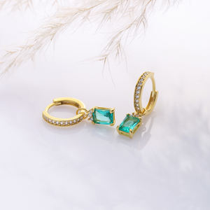 Paraiba CZ Stone Rectangle Dainty <b>Hoop</b> Dangle Earrings 925 <b>Sterling</b> <b>Silver</b> Jewelry Wholesale Handcrafted Turkish Jewellery - Product Image 4