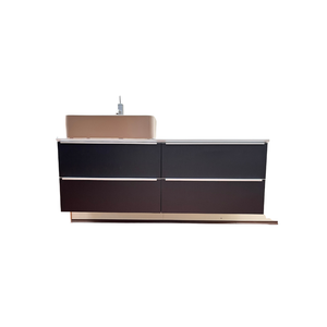 Elegante tocador de pared de roble oscuro 100% fabricado en Italia con 4 cajones y encimera de Corian, preparado para lavabo tipo cuenco, tiradores de acero inoxidable cepillado - Product Image 2