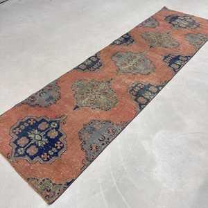 Turkish Vintage Rug, 2.9x9.5 ft Rug, <b>Red</b> Blue Floral <b>Wool</b> Rug - Product Image 2
