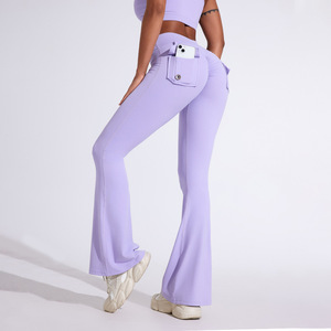 Pantalones acampanados de cintura elástica, mallas de Yoga, ropa deportiva transpirable de secado rápido, ropa deportiva de cintura media para gimnasio, ropa deportiva sólida - Product Image 2