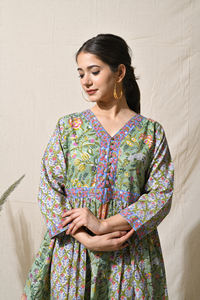 Vestido bohemio de algodón de verano hecho a mano bloque de mano estampado Floral borde botón decoración sostenible indio algodón ropa de verano - Product Image 3