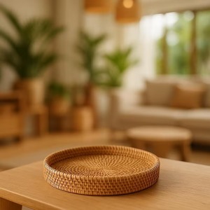 Plateau rond festif en rotin tressé à la main, coquillages, artisanat, vaisselle et belle décoration de Noël pour la maison - Product Image 2