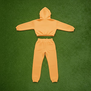 Wholesale Custom Made 100% Cotton French Terry Cropped Pullover Hoodie & <b>Cuffed</b> <b>Jogger</b> Set Breathable Streetwear Blank Sweatsuit - Product Image 2